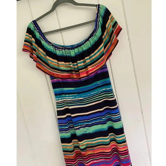 Maggy London, Off the Shoulder Ruffle Striped Dress, Blue, Green, Black, Multi - Picture 4 of 8